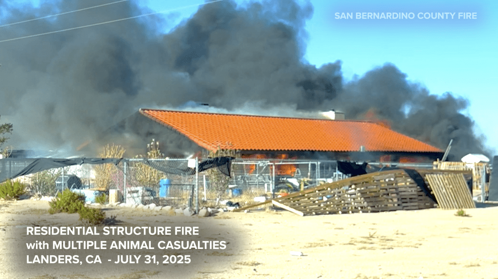 Single-story house with a red tile roof engulfed in flames and heavy black smoke, surrounded by a chain-link fence and scattered debris in a desert setting. Text overlay reads: “Residential Structure Fire with Multiple Animal Casualties, Landers, CA – July 31, 2025,” with “San Bernardino County Fire” in the top right corner.